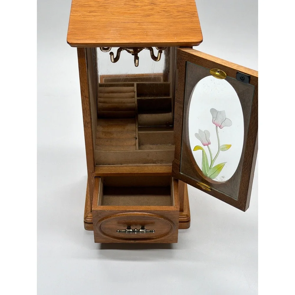 Vintage Wooden Jewelry Armoire Etched Floral Glass Door Necklace Carousel Box